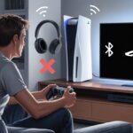 A gamer sitting in front of a PlayStation console looking frustrated as Bluetooth headphones fail to connect, with a TV showing a connection error symbol.