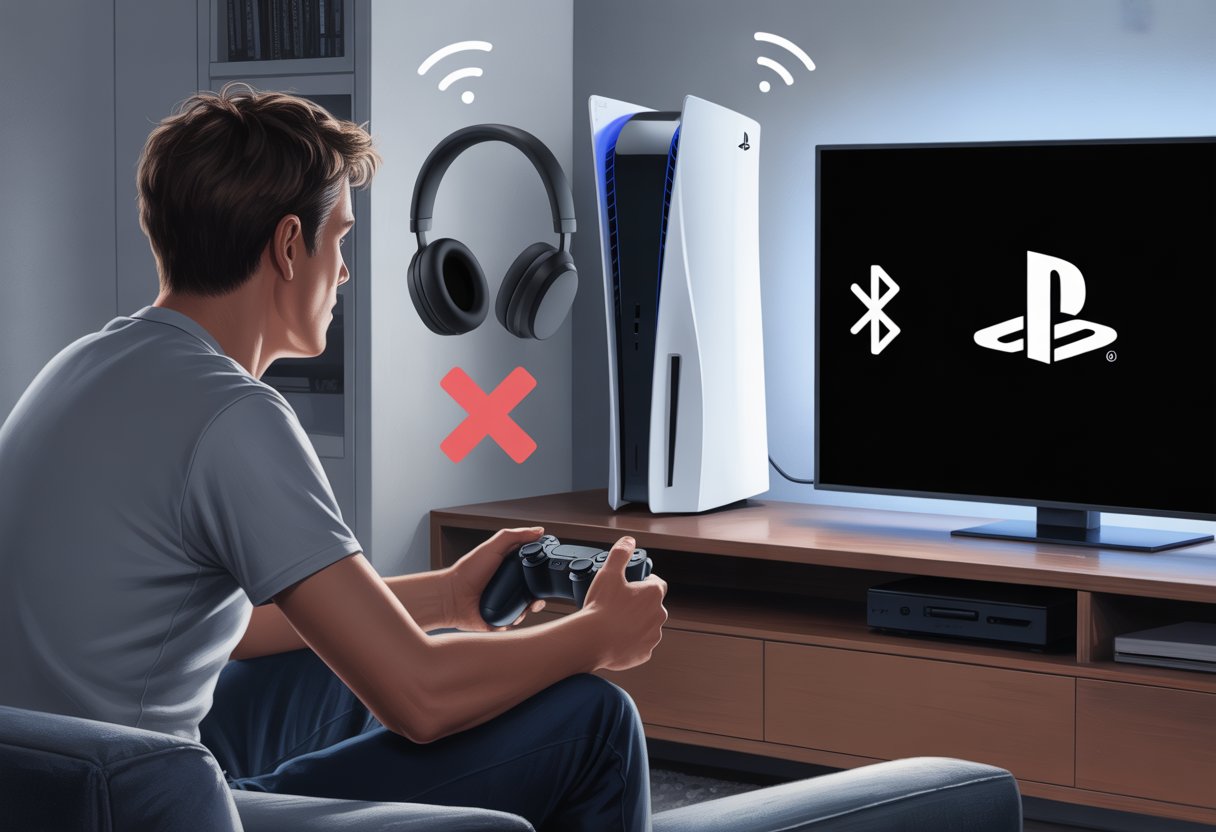 A gamer sitting in front of a PlayStation console looking frustrated as Bluetooth headphones fail to connect, with a TV showing a connection error symbol.