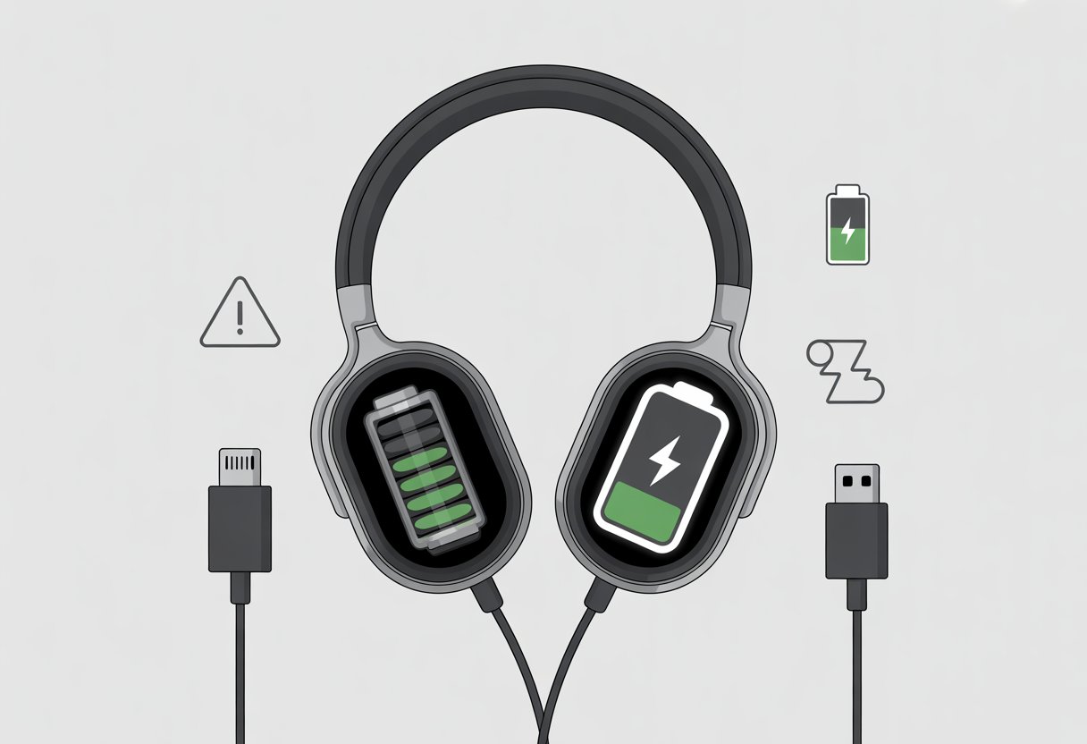 Bluetooth headphones connected to a charging cable with icons indicating low battery and charging issues.