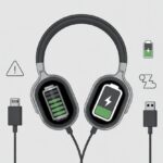Bluetooth headphones connected to a charging cable with icons indicating low battery and charging issues.