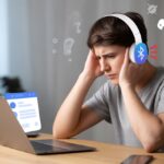 A person wearing Bluetooth headphones looks frustrated while using a laptop with the Discord app open, showing signs of connectivity problems.