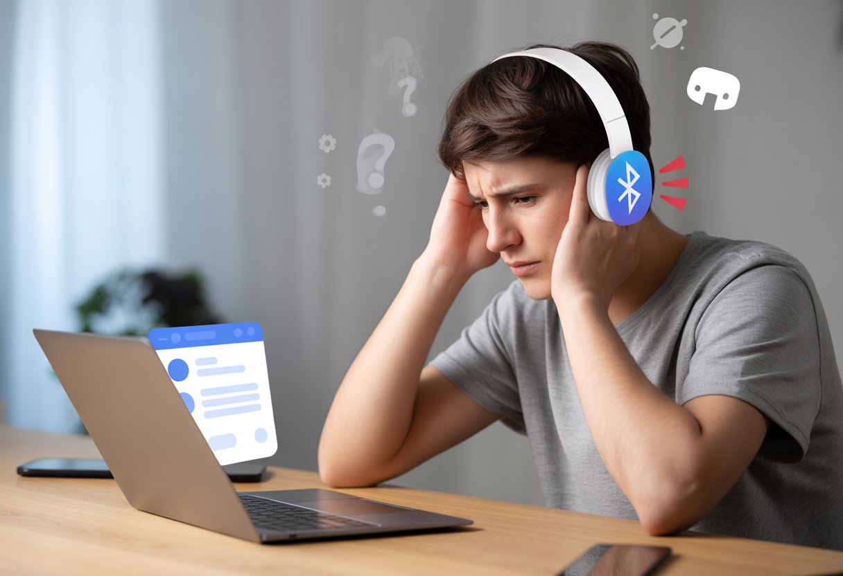 A person wearing Bluetooth headphones looks frustrated while using a laptop with the Discord app open, showing signs of connectivity problems.