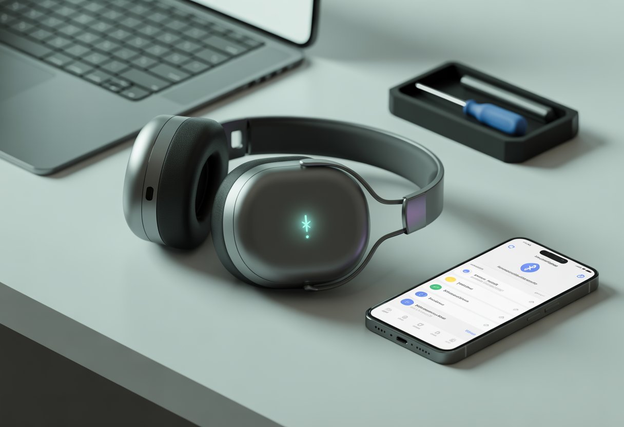 A close-up of Bluetooth headphones on a desk next to a smartphone showing Bluetooth settings, with a small toolkit nearby.