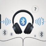 A pair of Bluetooth headphones with one smartphone connected and another smartphone showing no connection, highlighting a connectivity issue.