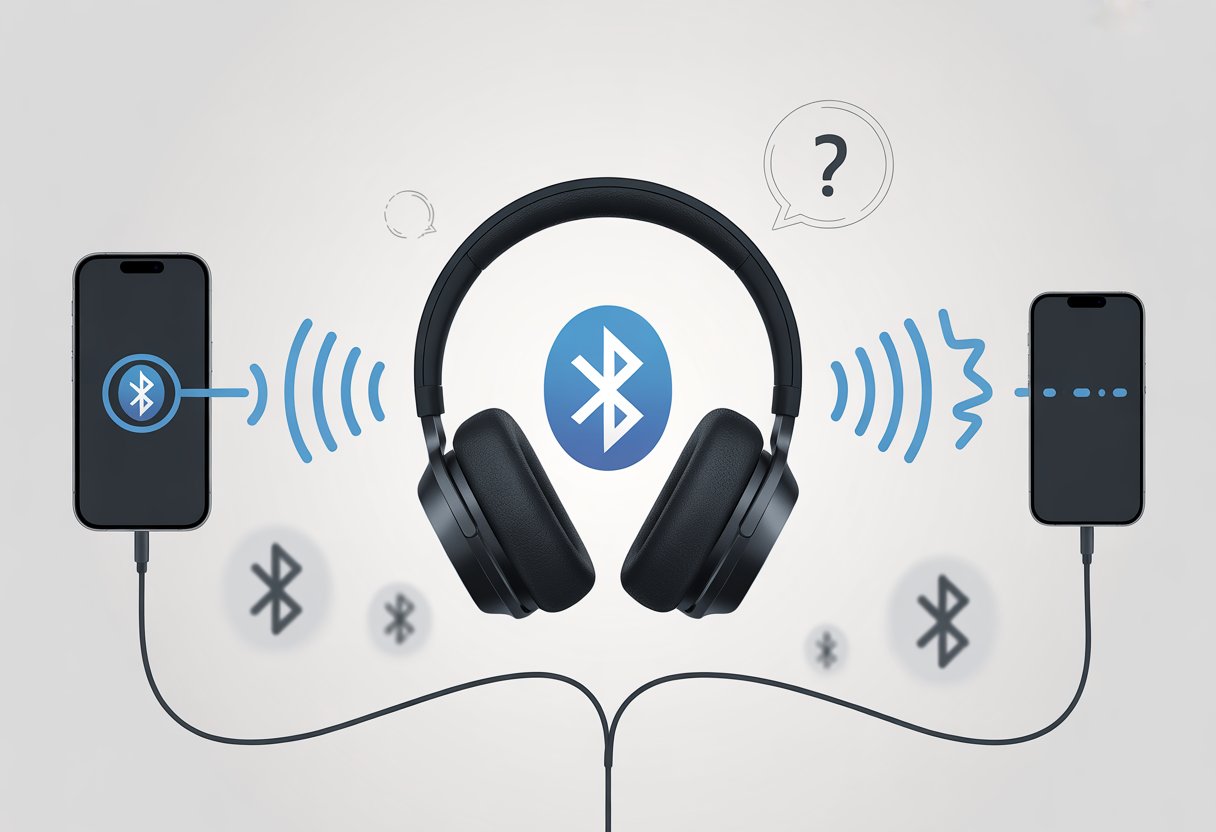 A pair of Bluetooth headphones with one smartphone connected and another smartphone showing no connection, highlighting a connectivity issue.