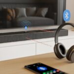 A pair of Bluetooth headphones and a soundbar in a living room, with visual indicators showing a failed wireless connection between them.