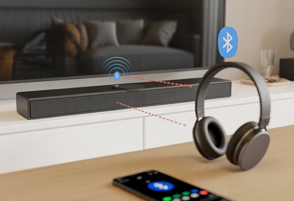 A pair of Bluetooth headphones and a soundbar in a living room, with visual indicators showing a failed wireless connection between them.