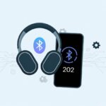 A pair of Bluetooth headphones next to a digital device displaying an error code symbol, surrounded by abstract digital and gear icons representing troubleshooting.