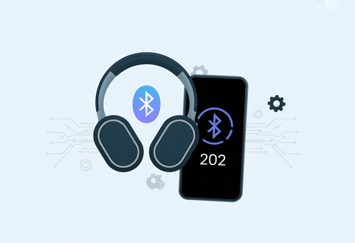 A pair of Bluetooth headphones next to a digital device displaying an error code symbol, surrounded by abstract digital and gear icons representing troubleshooting.