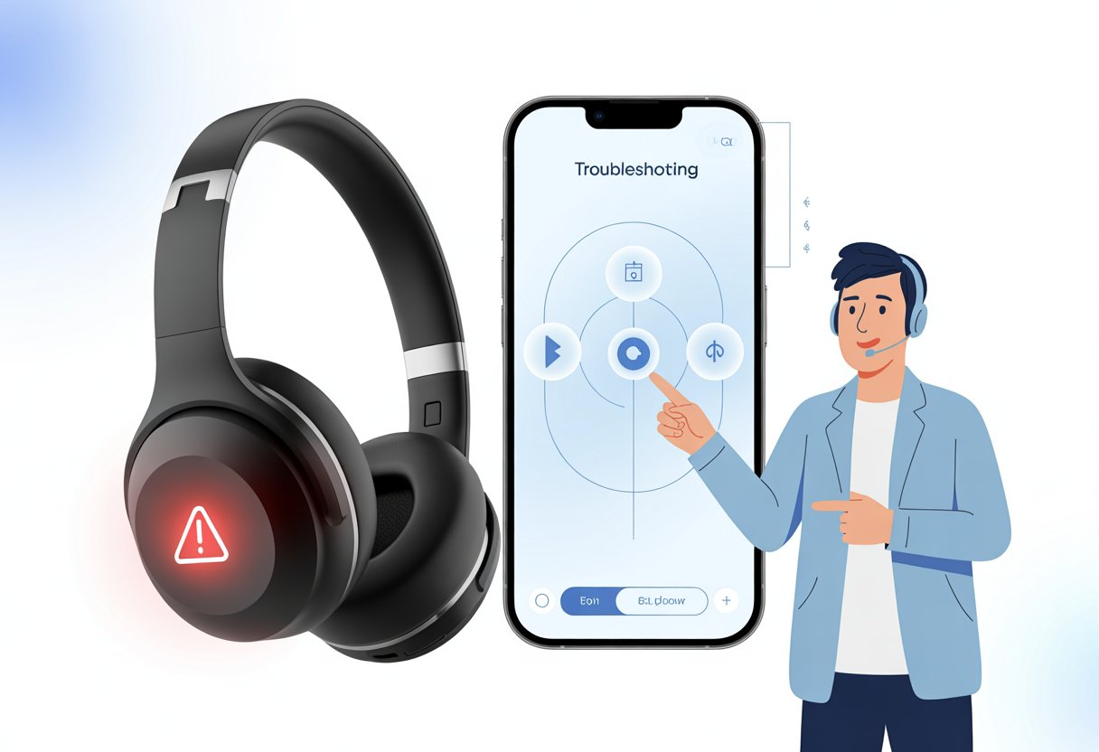 A pair of Bluetooth headphones with a red warning icon, a smartphone showing troubleshooting icons, and a technician pointing at them to indicate fixing an error.