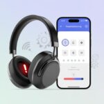 A pair of Bluetooth headphones with a warning symbol next to a smartphone showing a troubleshooting interface and progress bar.