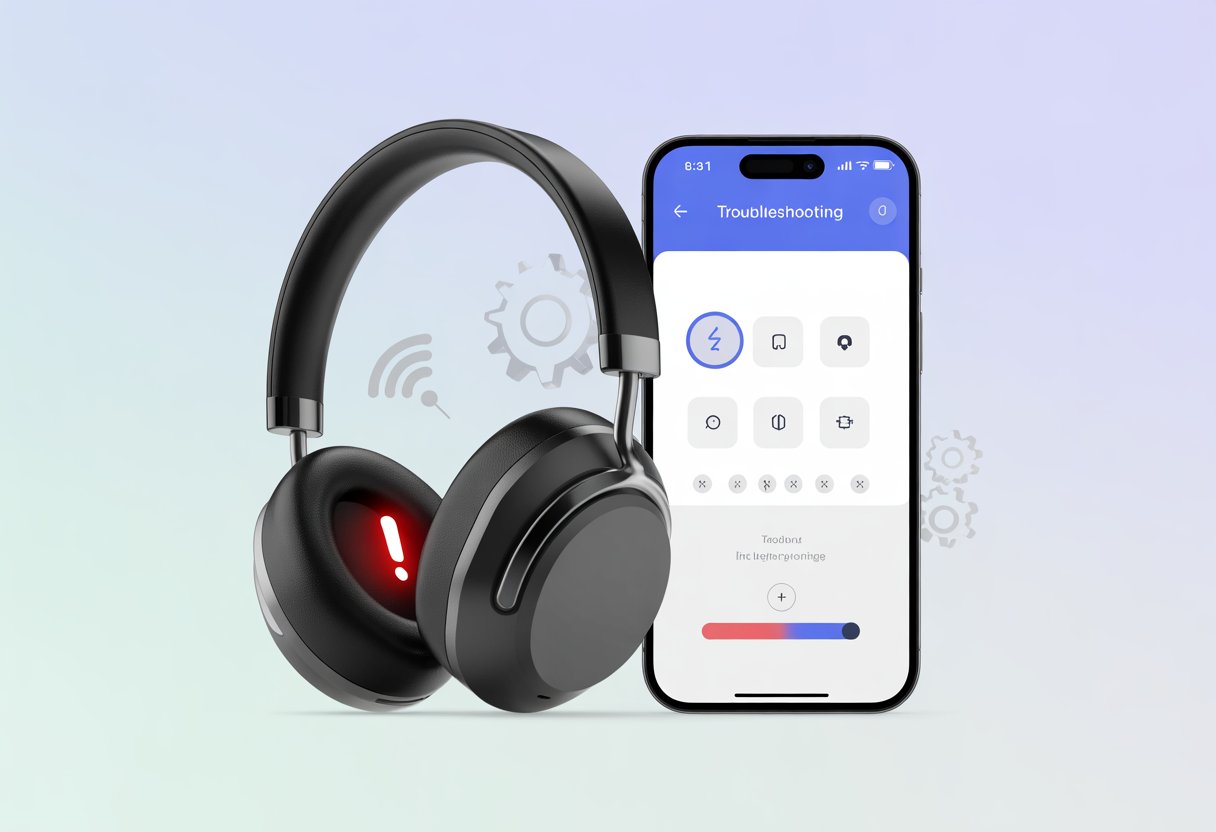 A pair of Bluetooth headphones with a warning symbol next to a smartphone showing a troubleshooting interface and progress bar.