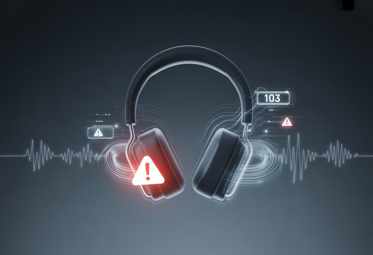 Bluetooth headphones with a red warning icon and digital elements indicating a technical error.