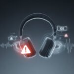 Bluetooth headphones with a red warning icon and digital elements indicating a technical error.