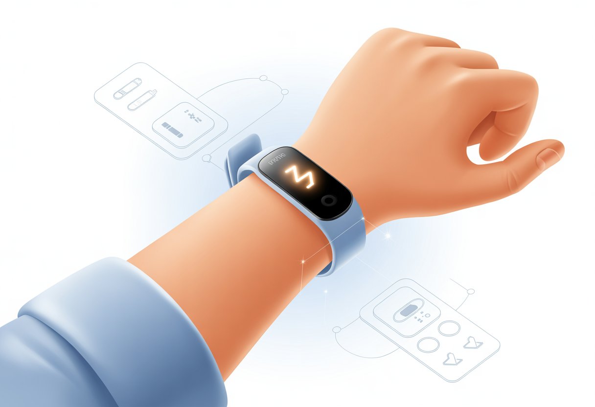 A person examining and interacting with a fitness tracker on their wrist, surrounded by digital icons representing device diagnostics.