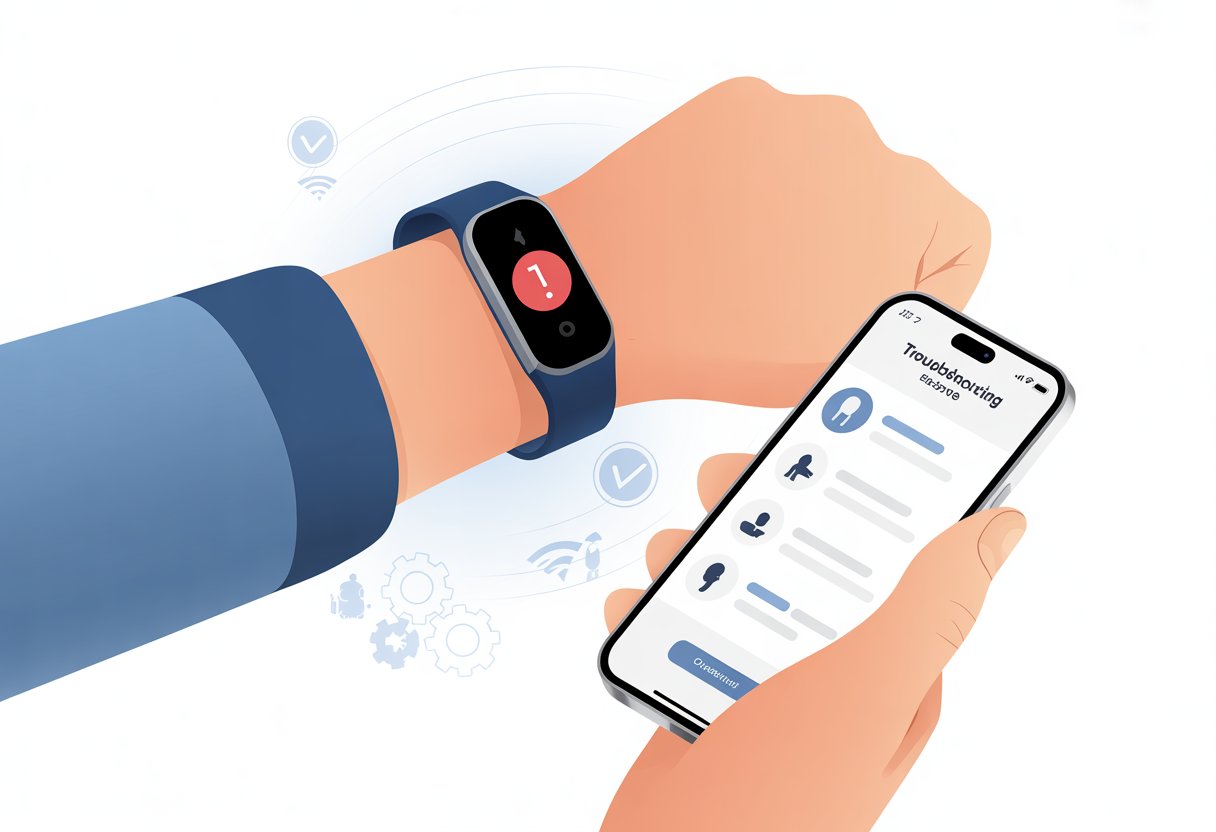 A close-up of a fitness tracker on a wrist showing an error symbol, with a hand holding a smartphone nearby displaying troubleshooting icons.