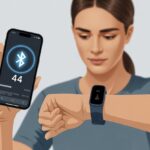 A person wearing a fitness tracker and holding a smartphone, both showing indicators of a Bluetooth connection issue.