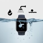 A smartwatch submerged in water with water droplets and icons representing different water resistance levels around it.