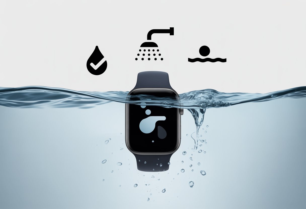 A smartwatch submerged in water with water droplets and icons representing different water resistance levels around it.