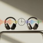 Bluetooth Headphone Latency Comparison: Which Cans Will Make You an Audio Ninja? Two Bluetooth headphones side by side with colorful waveform bars above each showing different audio delay times and a small clock icon between them.