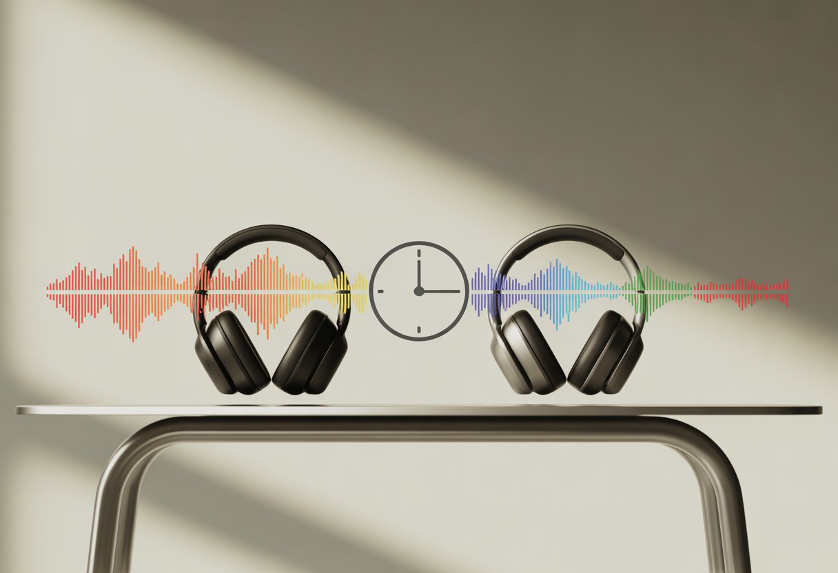 Two Bluetooth headphones side by side with colorful waveform bars above each showing different audio delay times and a small clock icon between them.