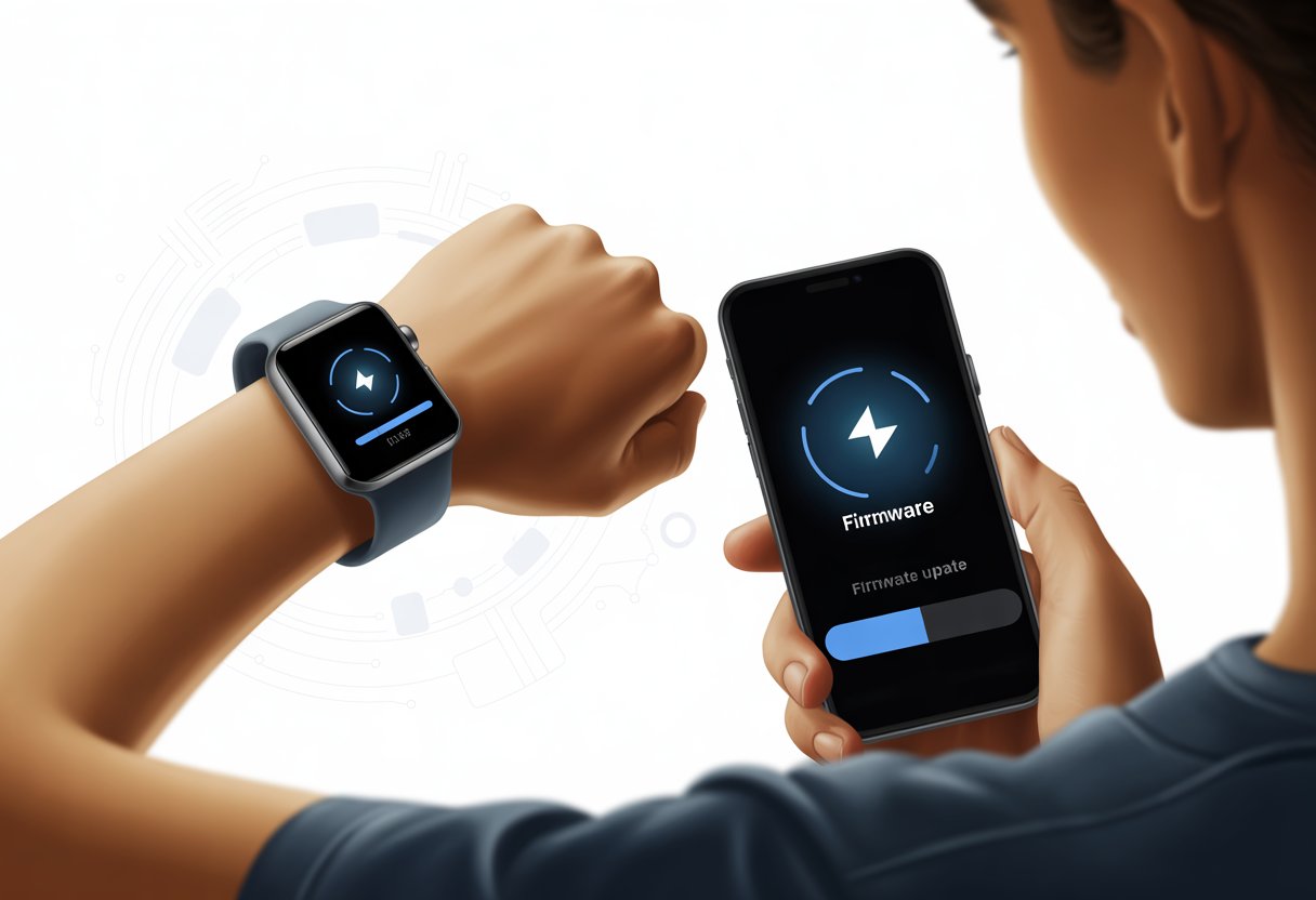 A person wearing a smartwatch receiving a firmware update, holding a smartphone showing the update progress.
