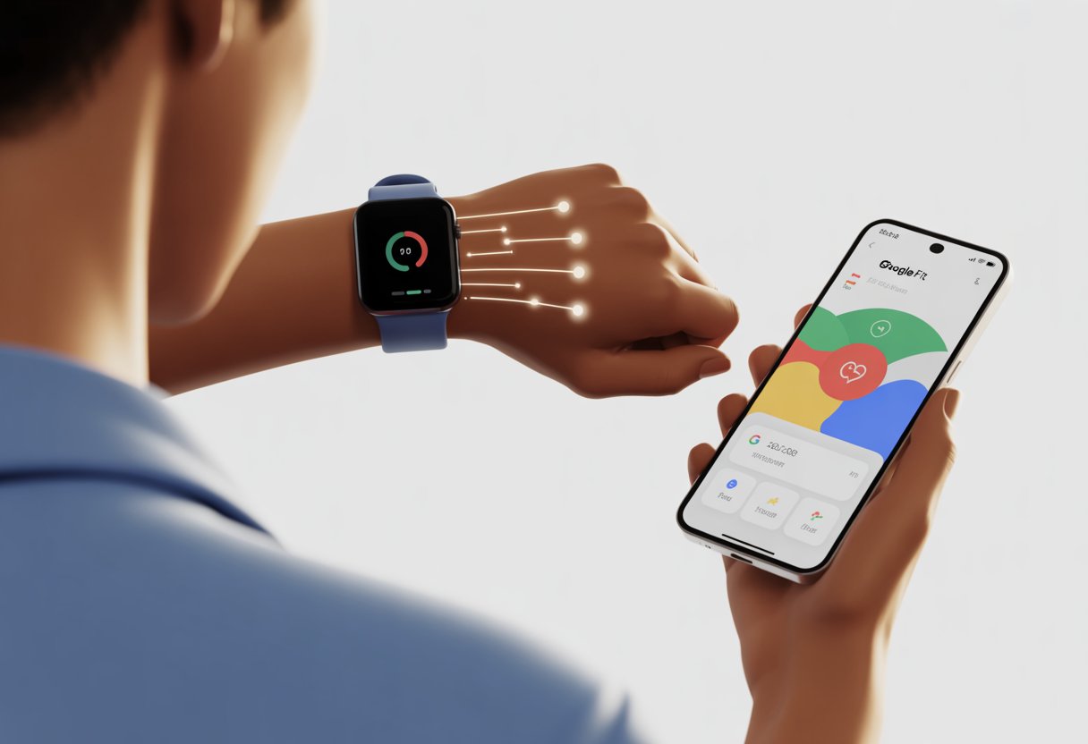 A person syncing a smartwatch with a smartphone showing health activity rings on the screen.