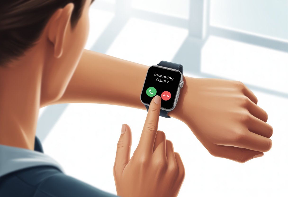 A close-up of a hand about to answer a call on a smartwatch worn on the wrist.