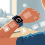 A person wearing a smartwatch that displays stress tracking information on the screen in a calm indoor setting.