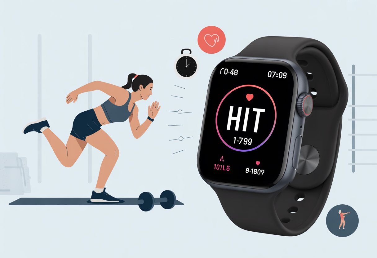 A person doing a high-intensity workout wearing a smartwatch displaying exercise metrics in a gym setting.