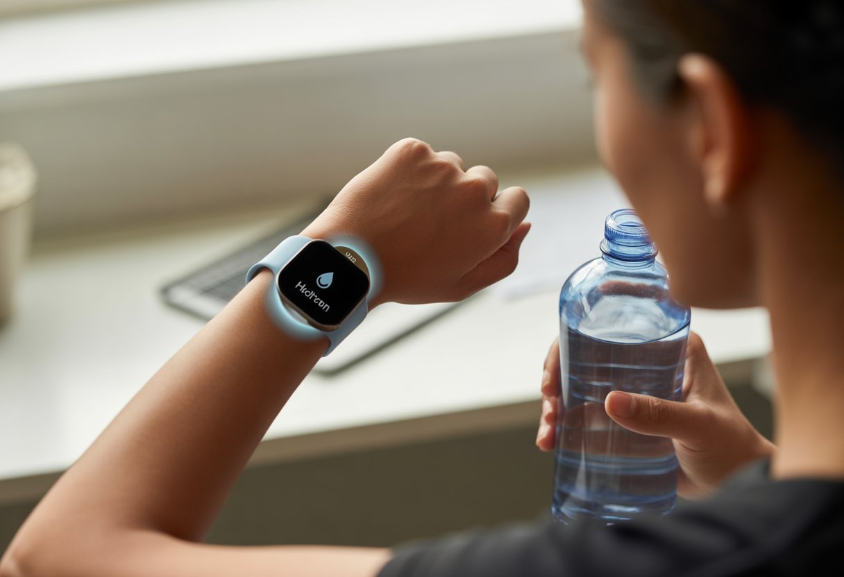 A person wearing a smartwatch with a hydration reminder icon on the screen, holding a water bottle indoors.