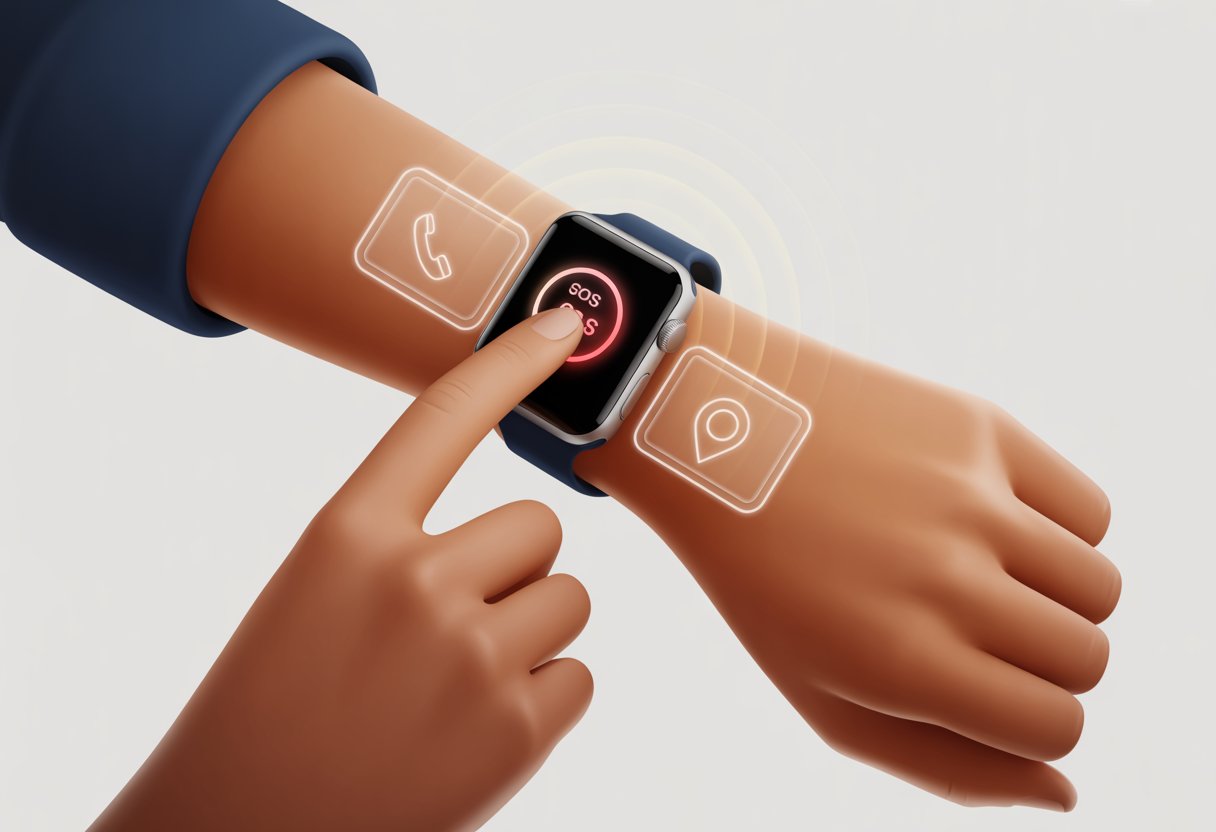 Close-up of a person pressing a button on a smartwatch displaying an emergency SOS icon.