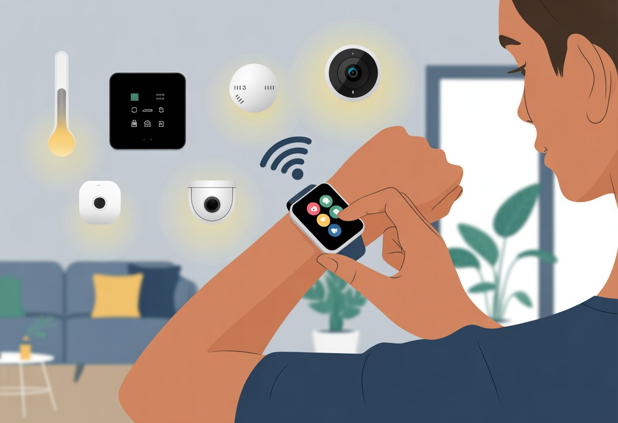 A person using a smartwatch to control smart home devices like lights, thermostat, and security camera in a modern living room.