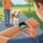 How to use a smartwatch for pet tracking: Outsmart Your Sneaky Furry Escape Artist A person outdoors looking at a smartwatch displaying a pet tracking app while their dog with a smart collar stands nearby in a park.