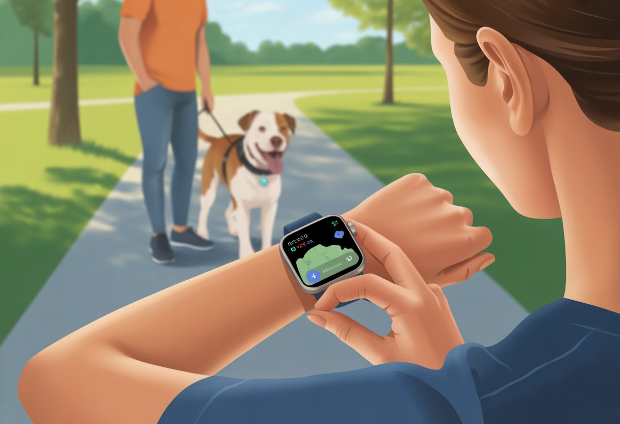 A person outdoors looking at a smartwatch displaying a pet tracking app while their dog with a smart collar stands nearby in a park.