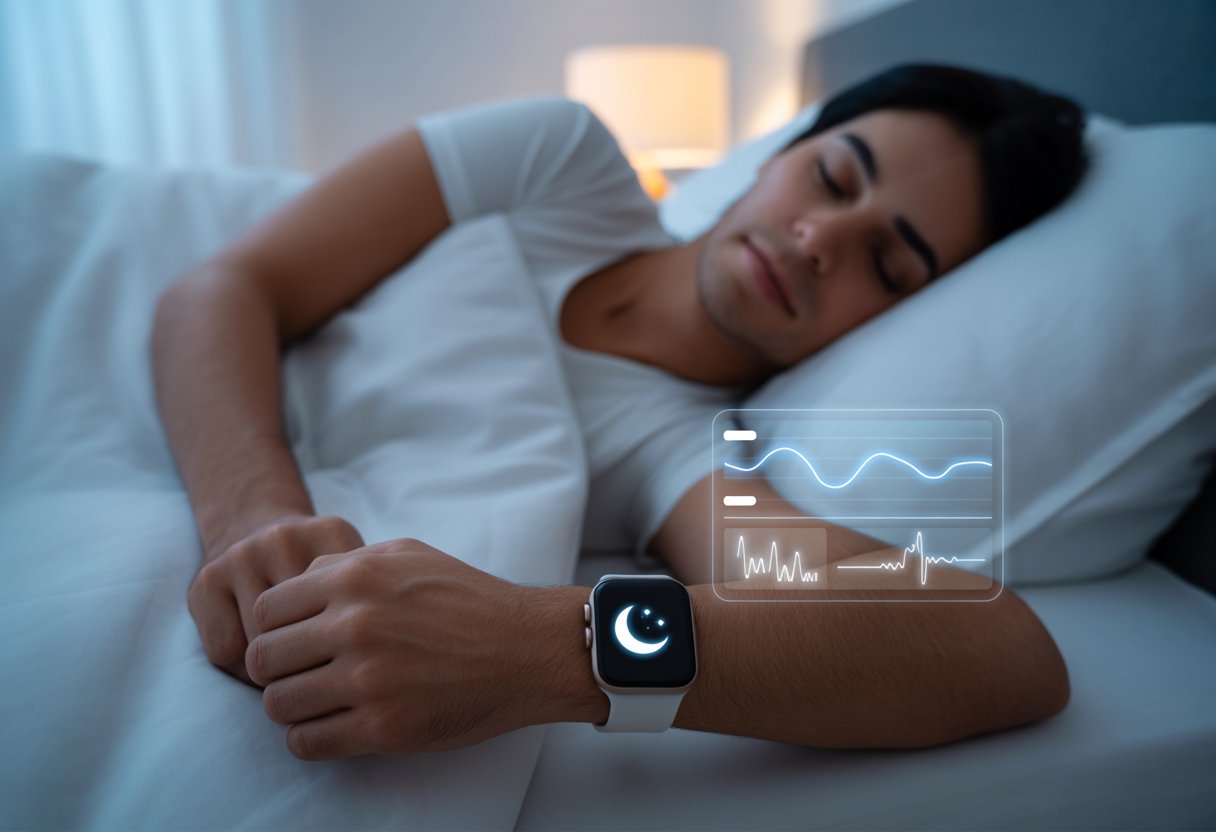 Person sleeping in bed wearing a smartwatch that displays sleep and breathing monitoring information.