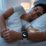 Person sleeping in bed wearing a smartwatch that displays sleep and breathing monitoring information.