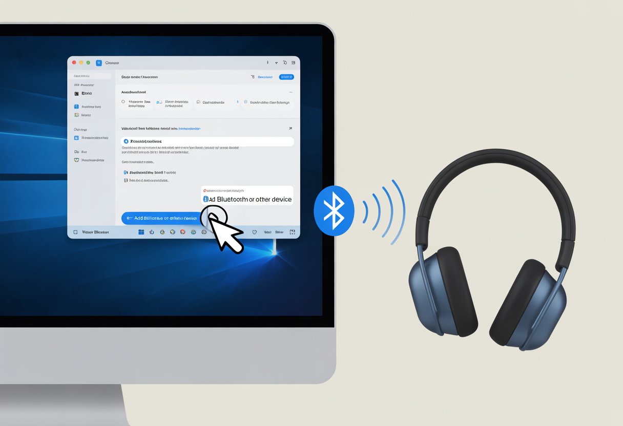 A desktop computer with Windows Bluetooth settings open and wireless headphones nearby showing a connection signal.