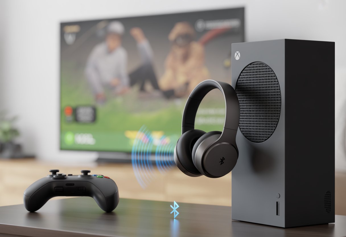 A living room scene showing an Xbox console wirelessly connected to Bluetooth headphones with signal waves between them and a controller on a table nearby.