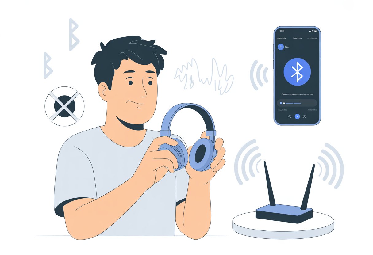 A person holding Bluetooth headphones near a smartphone with Bluetooth settings, surrounded by icons of wireless signals and sound waves, indicating troubleshooting of static noise.