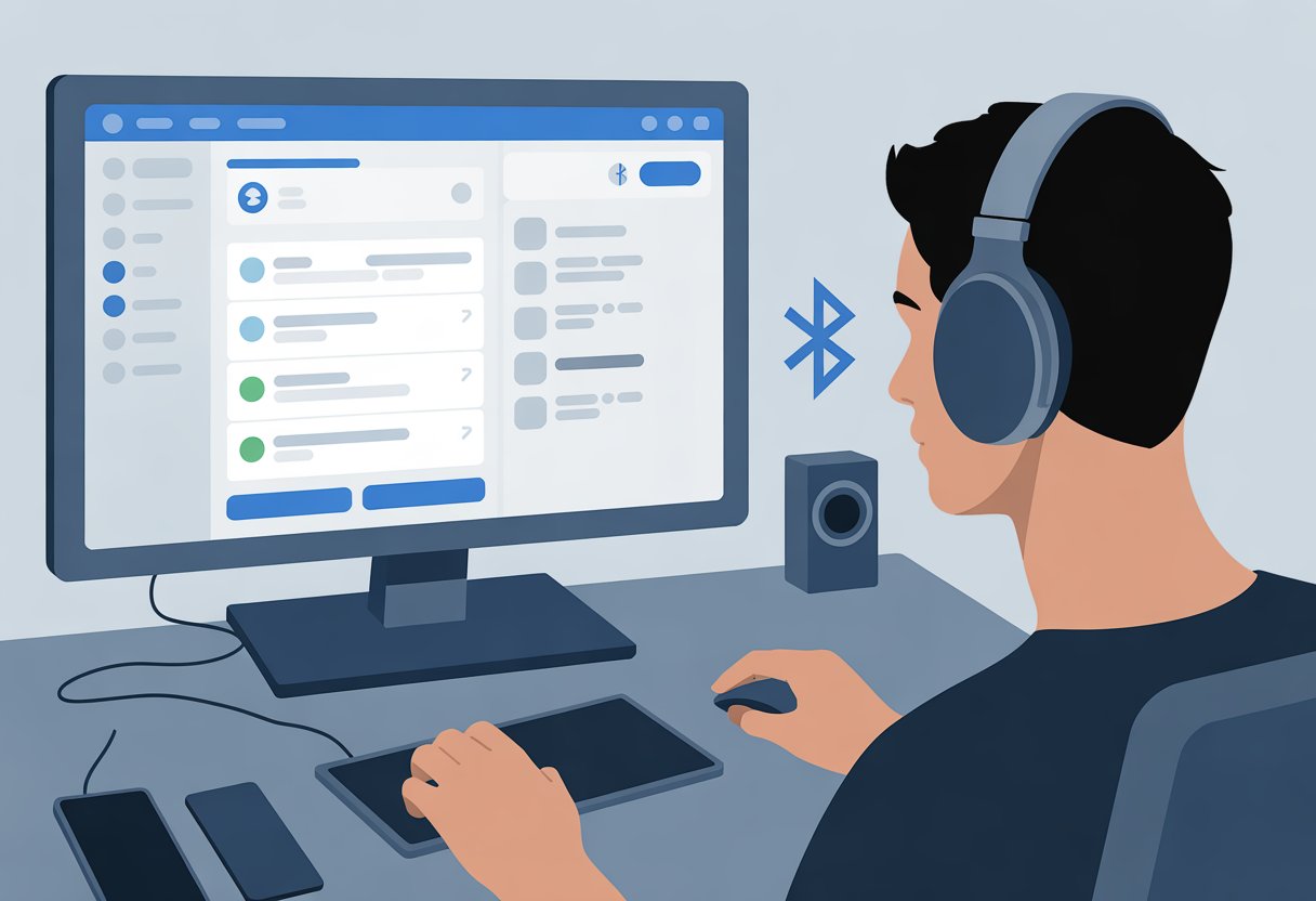 A person wearing Bluetooth headphones using a computer with the Discord app open on the screen in a tidy workspace.