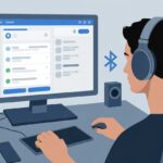 How to use Bluetooth headphones with Discord and finally stop yelling at your computer A person wearing Bluetooth headphones using a computer with the Discord app open on the screen in a tidy workspace.