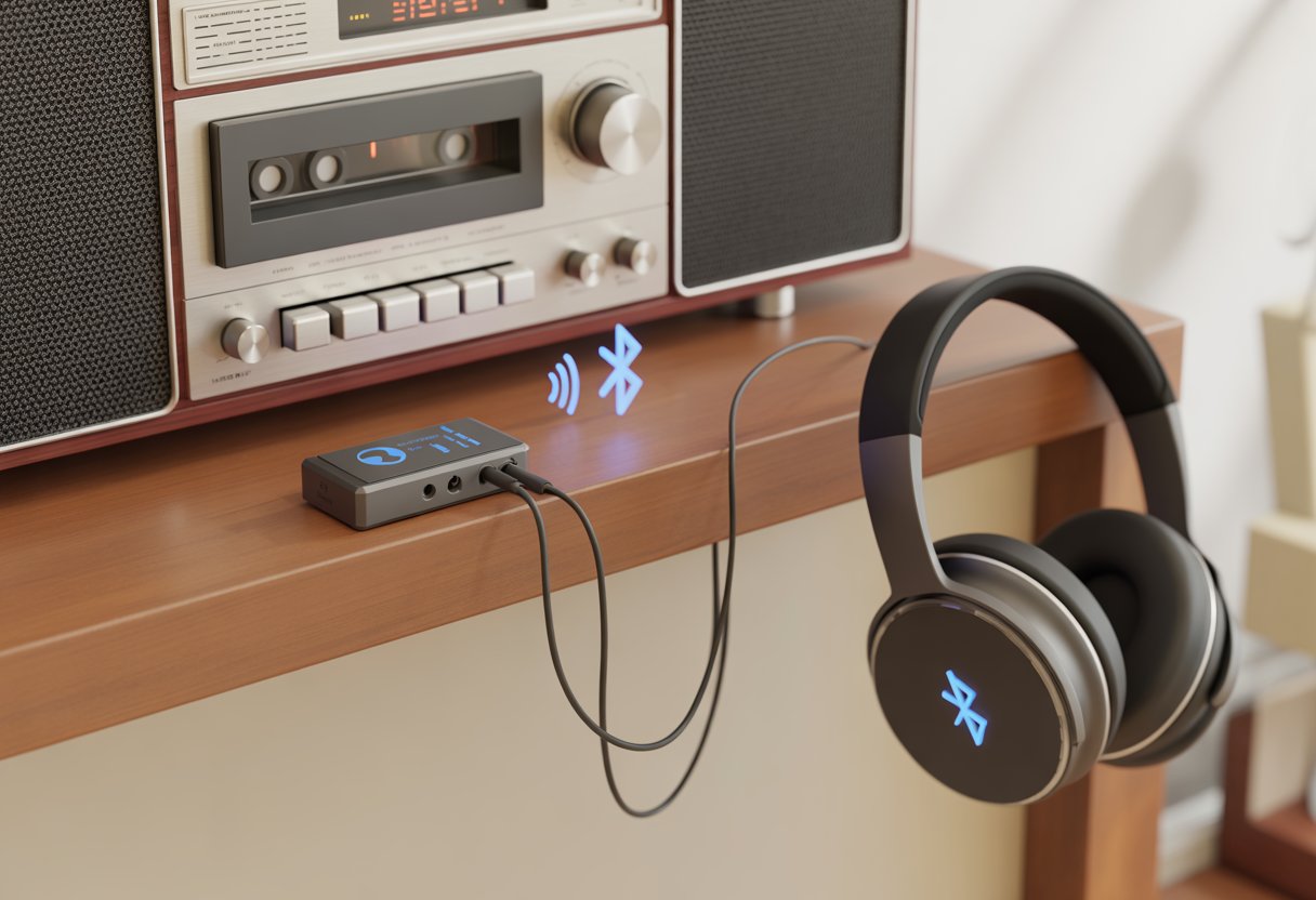 An old stereo system connected to wireless Bluetooth headphones via a small Bluetooth transmitter device.