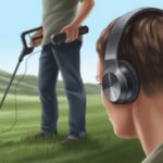 How to use Bluetooth headphones with a metal detector Without Sounding Like a Robot at the Beach A person wearing Bluetooth headphones using a metal detector in a grassy outdoor area.