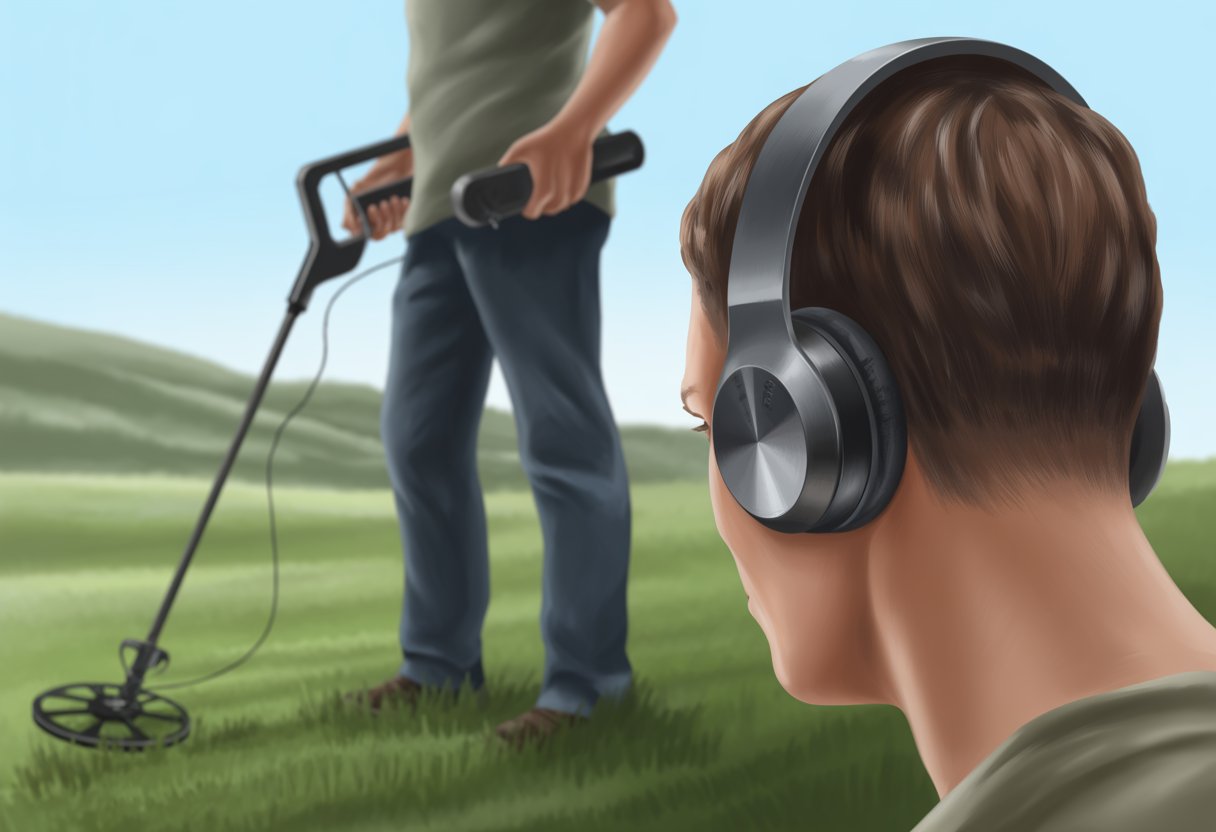 A person wearing Bluetooth headphones using a metal detector in a grassy outdoor area.