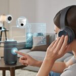 A person wearing Bluetooth headphones interacts with a smart speaker in a living room connected to smart home devices like lights and thermostat.