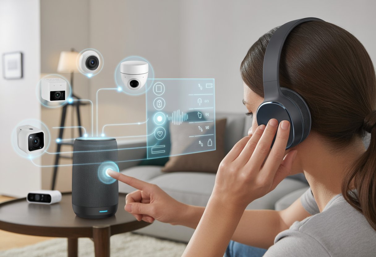 A person wearing Bluetooth headphones interacts with a smart speaker in a living room connected to smart home devices like lights and thermostat.