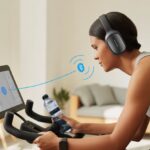How to Use Bluetooth Headphones with a Peloton and Not Lose Your Mind A person wearing Bluetooth headphones riding a Peloton bike indoors with a touchscreen display.