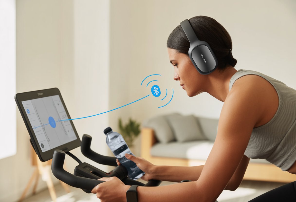 A person wearing Bluetooth headphones riding a Peloton bike indoors with a touchscreen display.