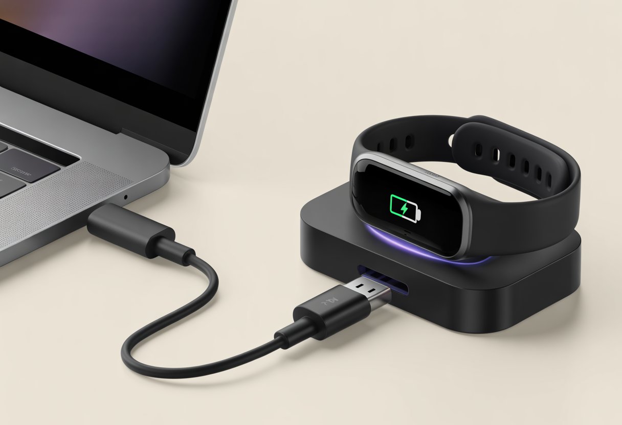 A fitness tracker properly connected to a charging dock with a visible battery icon indicating it is charging.